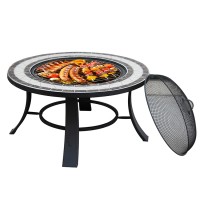 new design outdoor steel table fire pit with tile top and bbq grill coal heater